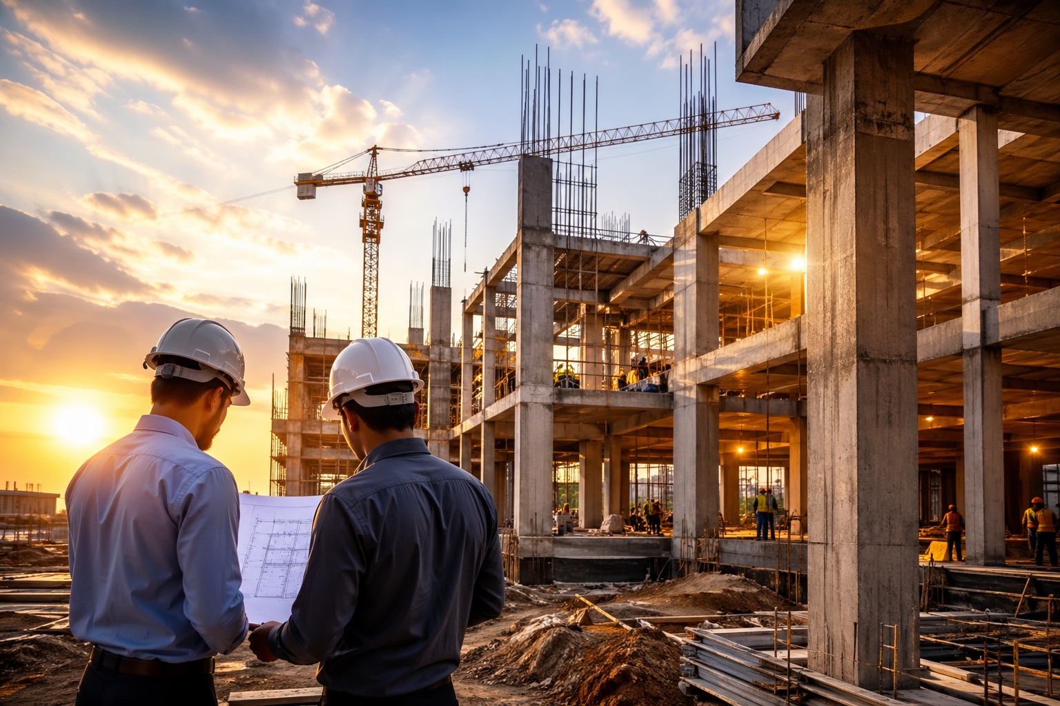 Premium construction site with engineers reviewing project plans
